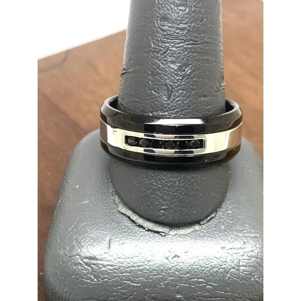 Men's Wedding Band Stainless Steel Black Gemstones 8.8mm Wide Ring Size 11.5
